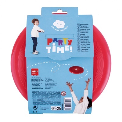 Frisbee vermelho com etiqueta azul com texto e imagens de crianças a brincar