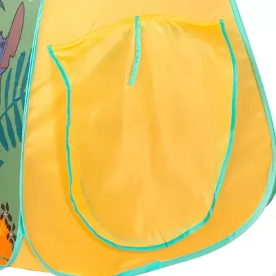 Tenda infantil amarela com abas azuis e desenhos animados nas laterais