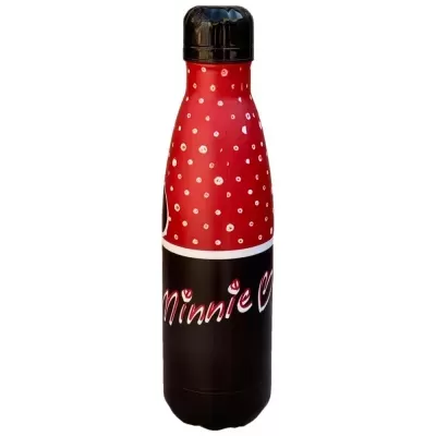 Garrafa térmica vermelha e preta com pontos brancos e texto Minnie