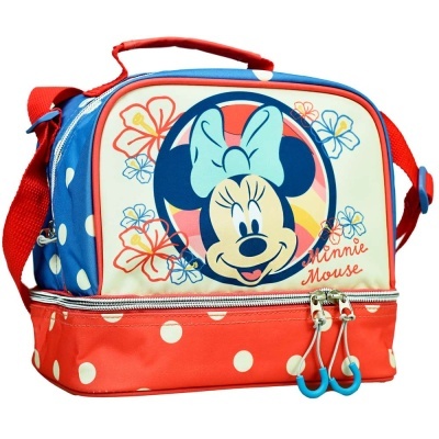 Mala térmica vermelha e azul com imagem da Minnie Mouse e padrão de bolinhas brancas
