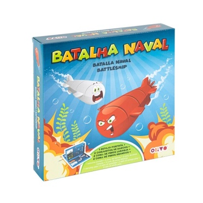 Caixa do jogo Batalha Naval com torpedos desenhados e fundo azul