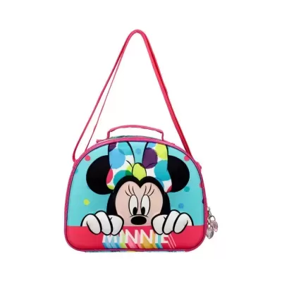 Bolsa infantil Minnie azul e rosa com estampa da personagem e texto colorido
