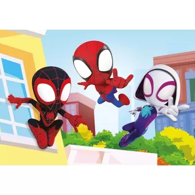 Desenhos animados de três personagens de Homem-Aranha em trajes de super-herói num cenário urbano
