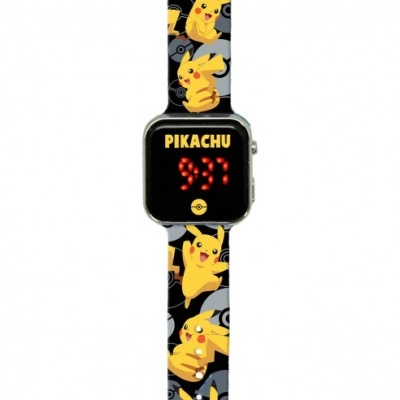 Relógio digital preto com bracelete decorada com Pikachu amarelo