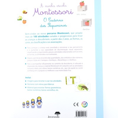 Contracapa de livro educativo Montessori com ícones coloridos e texto descritivo