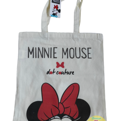 Saco de tecido branco com estampa da Minnie Mouse e texto distintivo