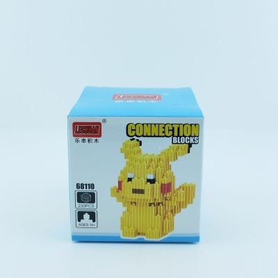 Conjunto de blocos de construção amarelo tipo Pikachu numa caixa azul LEPIN