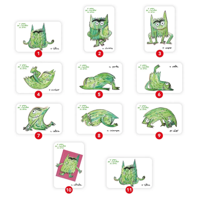 Conjunto de 11 cartões com ilustrações de monstro verde em diferentes poses e textos em português.