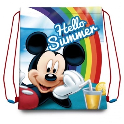 Mochila de cordão com estampa de Mickey Mouse e arco-íris com texto 'Hello Summer'.