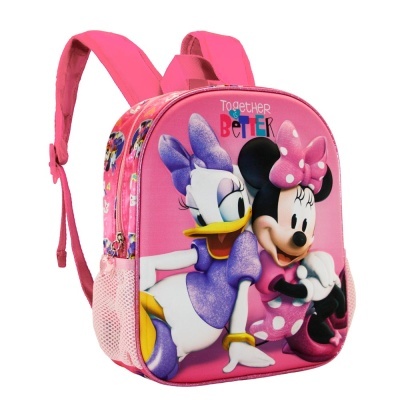 Mochila infantil rosa com Minnie e Margarida em relevo e texto