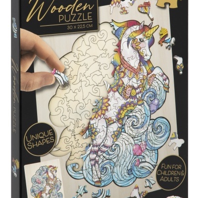 Caixa de puzzle de madeira com 130 peças mostrando um unicórnio colorido em estilo artístico