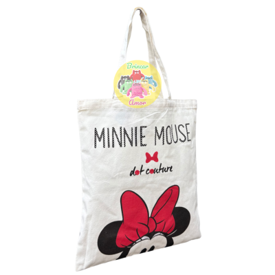 Saco de tecido branco com estampa Minnie Mouse e textos