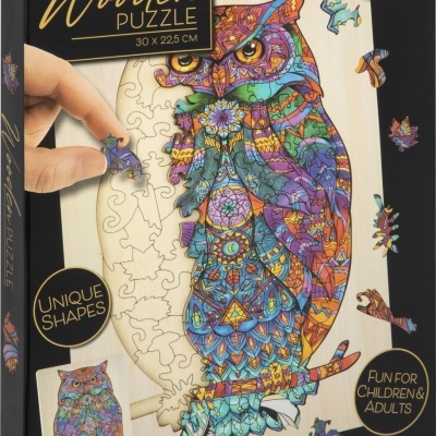 Caixa de quebra-cabeças de madeira com coruja colorida e 130 peças