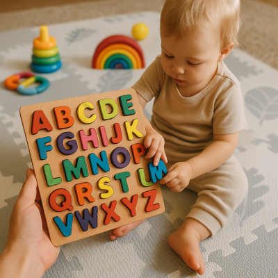 Puzzle de letras do alfabeto em madeira e bebé a brincar