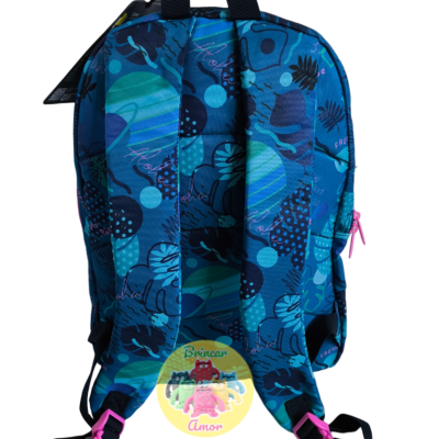 Mochila azul com padrão abstrato e alças cor-de-rosa