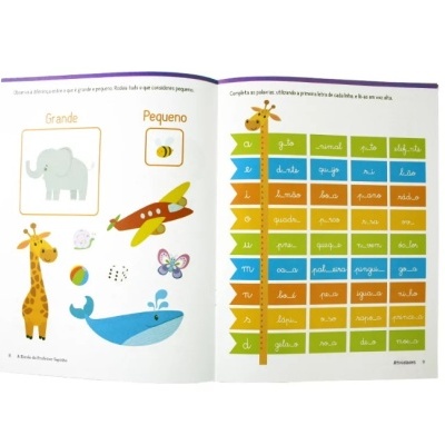 Livro infantil com ilustrações de animais e tabela de sílabas colorida