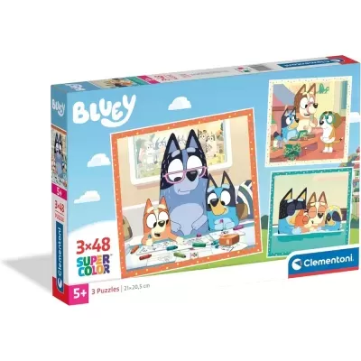 Embalagem de puzzle Bluey com 3 puzzles de 48 peças para crianças maiores de 5 anos