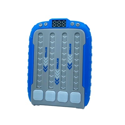 Controlo remoto azul e cinzento com quatro botões e ecrã digital