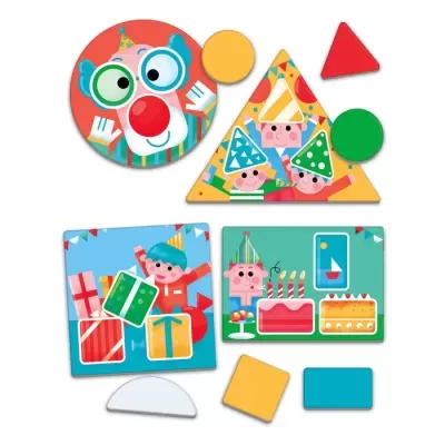 Conjunto de peças de madeira coloridas para crianças com formas geométricas e desenhos de palhaços e presentes