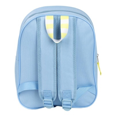 Mochila azul clara para criança com alças e pequenos detalhes em amarelo e branco.