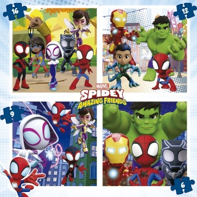 Puzzles infantis da coleção MARVEL SPIIDEY AMAZING FRIENDS com personagens coloridos em molduras azuis