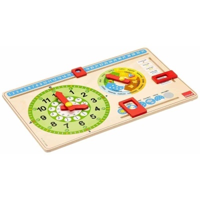 Relógio didático colorido em madeira com ponteiros vermelhos e indicadores deslizantes.