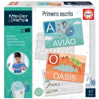 Caixa de jogo educativo Primeira escrita com cartas ilustradas e texto em português