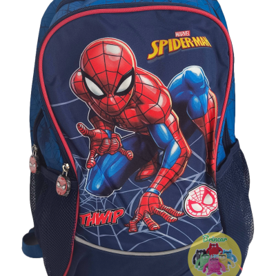 Mochila azul com estampa do Homem-Aranha e detalhes vermelhos.