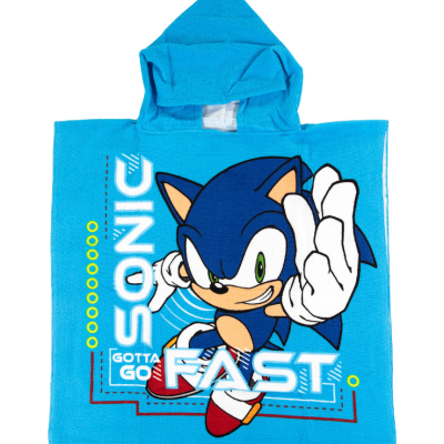 Poncho azul para criança com personagem Sonic e texto