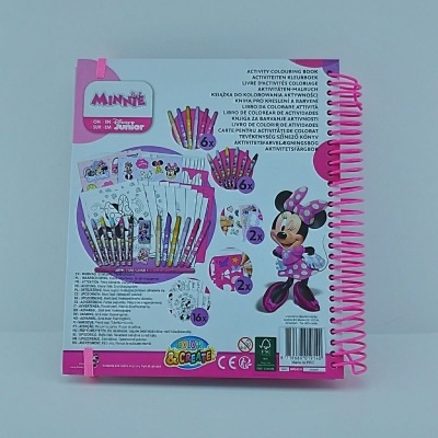 Livro de atividades Minnie para colorir com materiais de pintura e carimbo