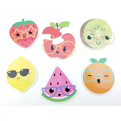 Puzzles infantis de frutas com carinhas e óculos coloridos
