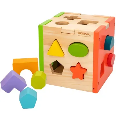 Brinquedo educativo de madeira cubo com blocos geométricos coloridos