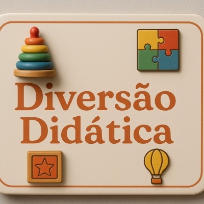 Placa com texto Diversão Didática e ícones coloridos de brinquedos educativos