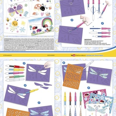 Instruções para canetas spray mágicas Totum e desenhos coloridos em papel.