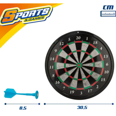 Conjunto de dardo com alvo e dardo azul, fundo branco e detalhes amarelos