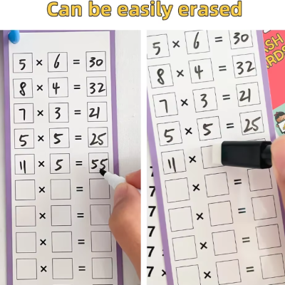 Folha com multiplicações escritas a marcador preto sendo apagadas com marcador apagável.