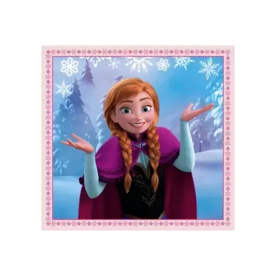 Personagem animada com capa roxa em paisagem nevada com flocos de neve