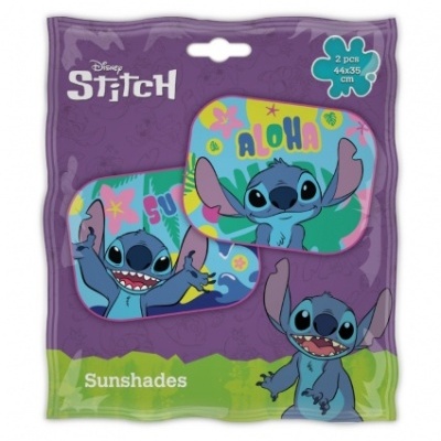 Conjunto 2 viseiras Disney Stitch coloridas com temas aloha e surf, embalagem roxa e verde.