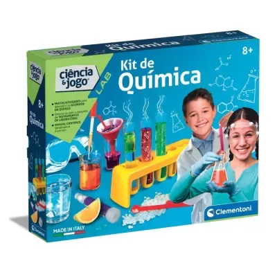 Caixa de Kit de Química para crianças com tubos de ensaio coloridos e duas crianças em ambiente de laboratório