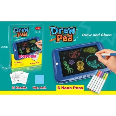 Draw Pad azul com luz LED e 6 canetas neón em fundo verde