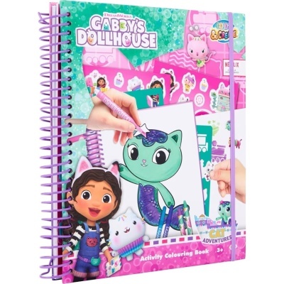 Livro de colorir Gabby's Dollhouse com capa colorida, espiral rosa e elástico lilás