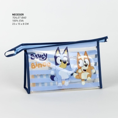 Neceser transparente com desenhos de cães animados e bordas azuis