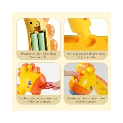 Brinquedo girafa amarelo e laranja com instruções de montagem e uso em português
