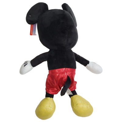 Pelúcia do personagem Mickey Mouse vista de costas com roupas coloridas