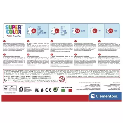 Parte traseira de caixa de puzzle Clementoni com informações de idade e peças