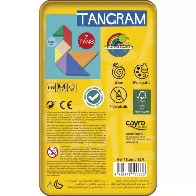 Embalagem do jogo Tangram com 7 peças coloridas de madeira