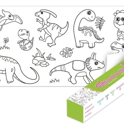 Rolo de papel para colorir com desenhos de dinossauros e animais