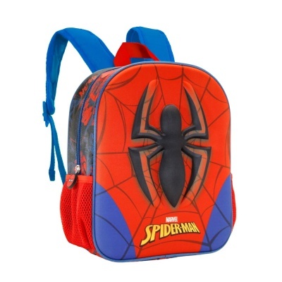 Mochila infantil do Spider-Man vermelha e azul com aranha 3D preta e logo Marvel Spider-Man