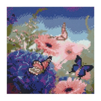 Pintura pixelada de flores rosa e roxas com borboletas em fundo azul e esverdeado
