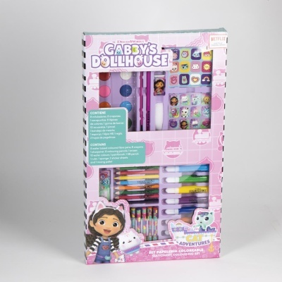 Conjunto de papelaria colorida Gabby's Dollhouse com vários materiais de desenho e autocolantes